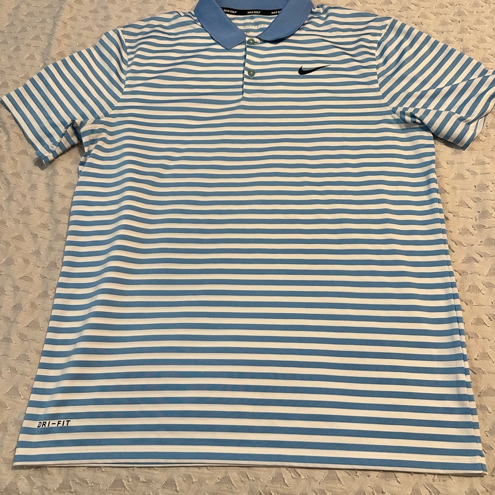 Nike Golf Men's Light Blue and White Striped Polo Rhoback